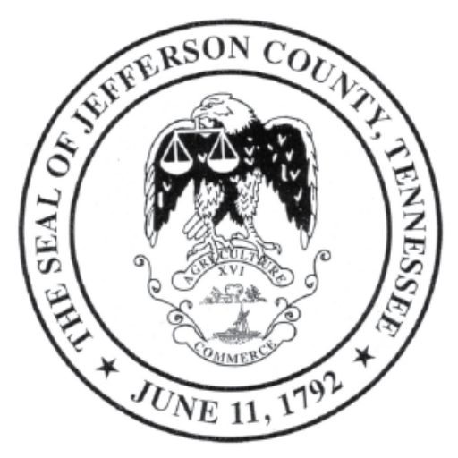 The Seal of Jefferson County Tennessee. A black and white image of an eagle holding scales with the date "June 11, 1972" written under