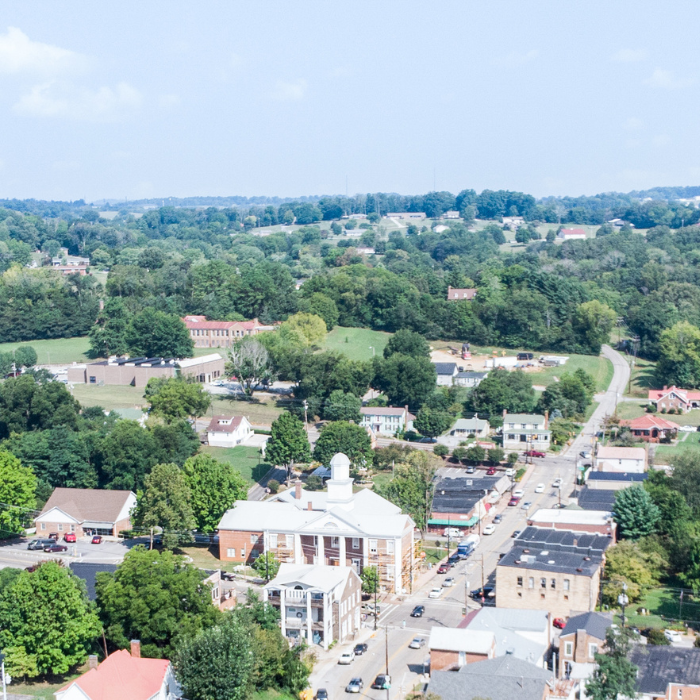 aerial view of downtown Dandridge, TN, looking from Douglas Lake into downtown featuring the Mayor's Office and Court House