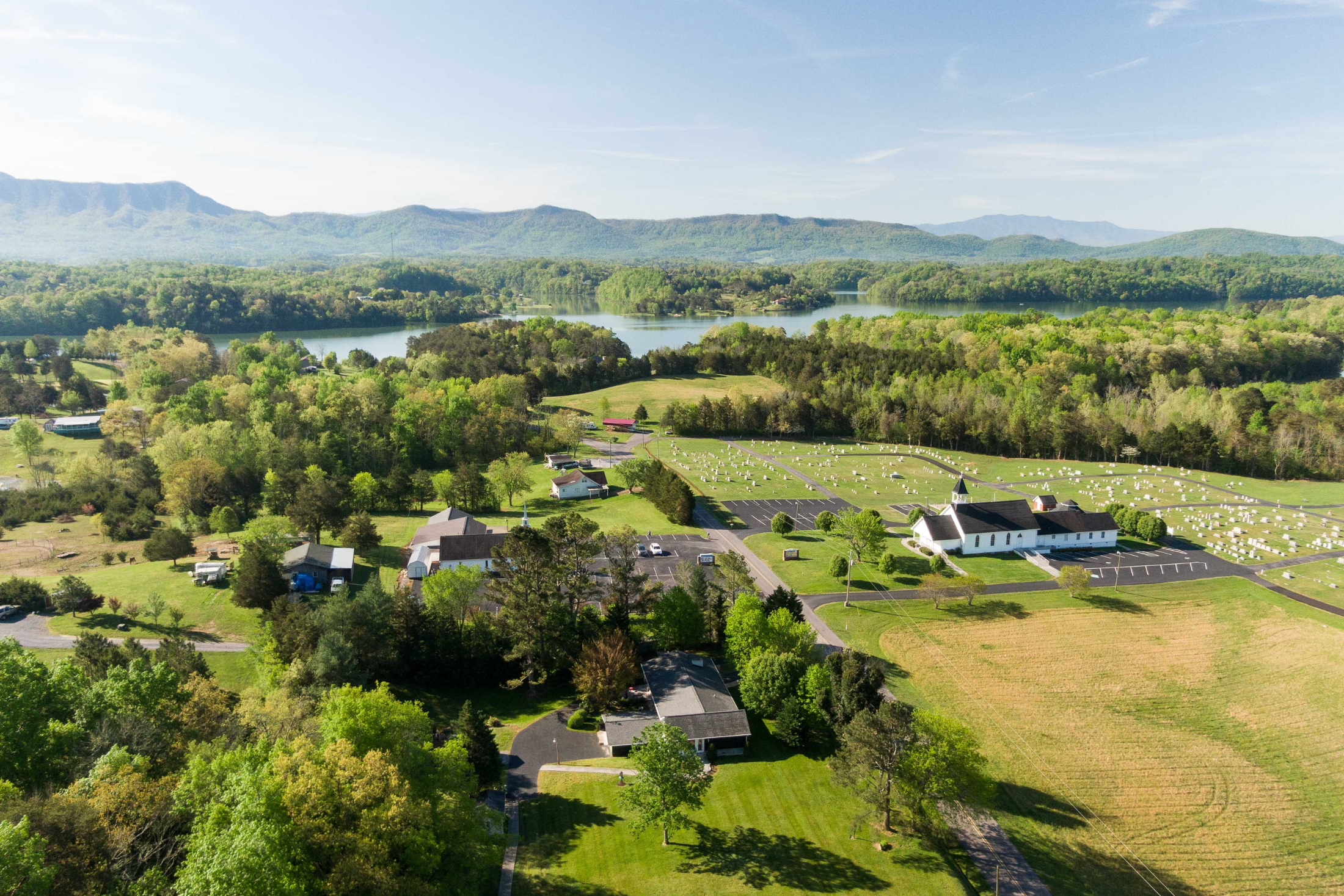 aerial view of jefferson county tennessee overlooking a historic church
