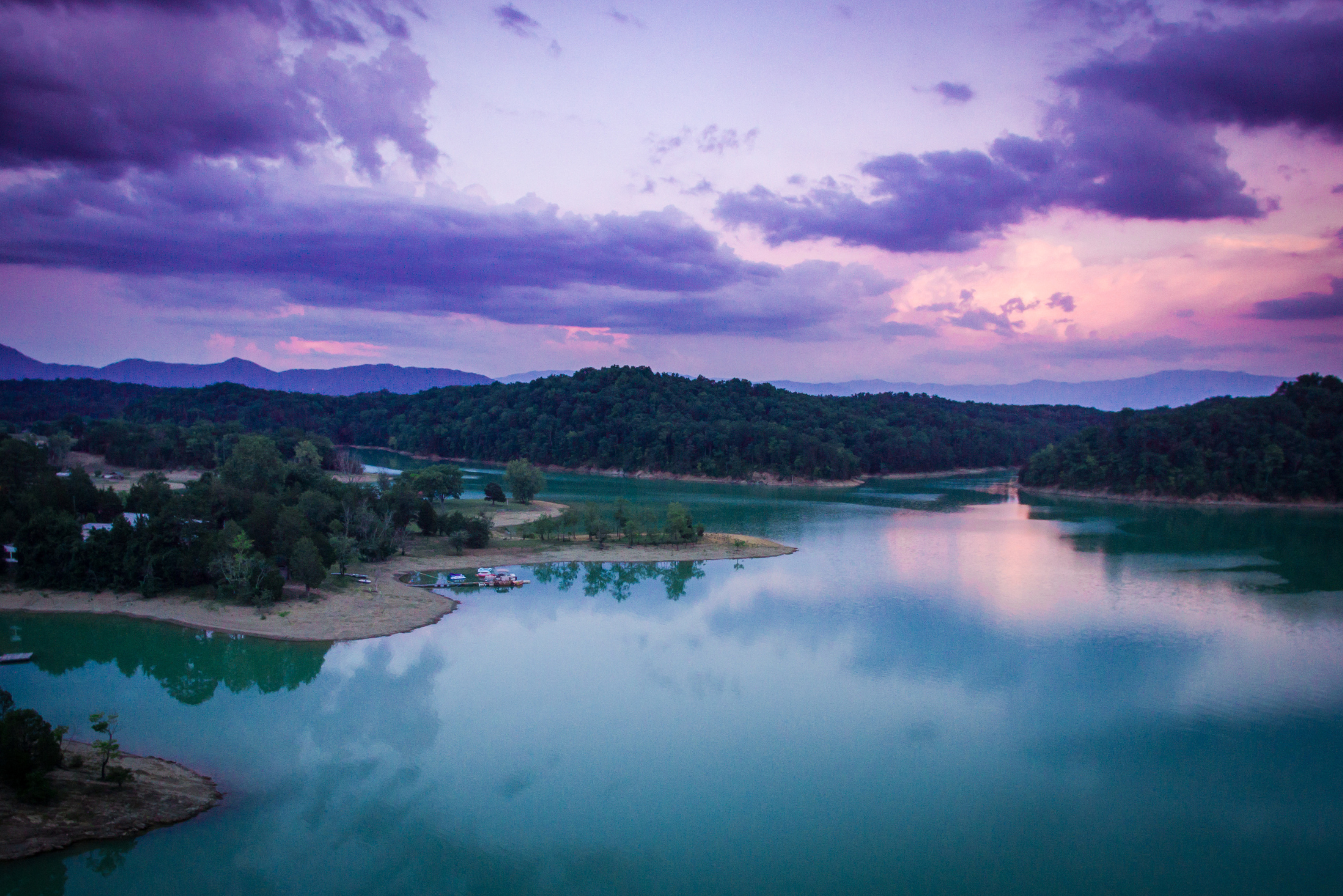aerial view of a jefferson county tn lake at dusk